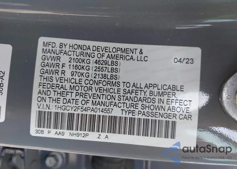 2023 Honda Accord Hybrid Sport из США, поврежденный, VIN 1HGCY2F54PA014557